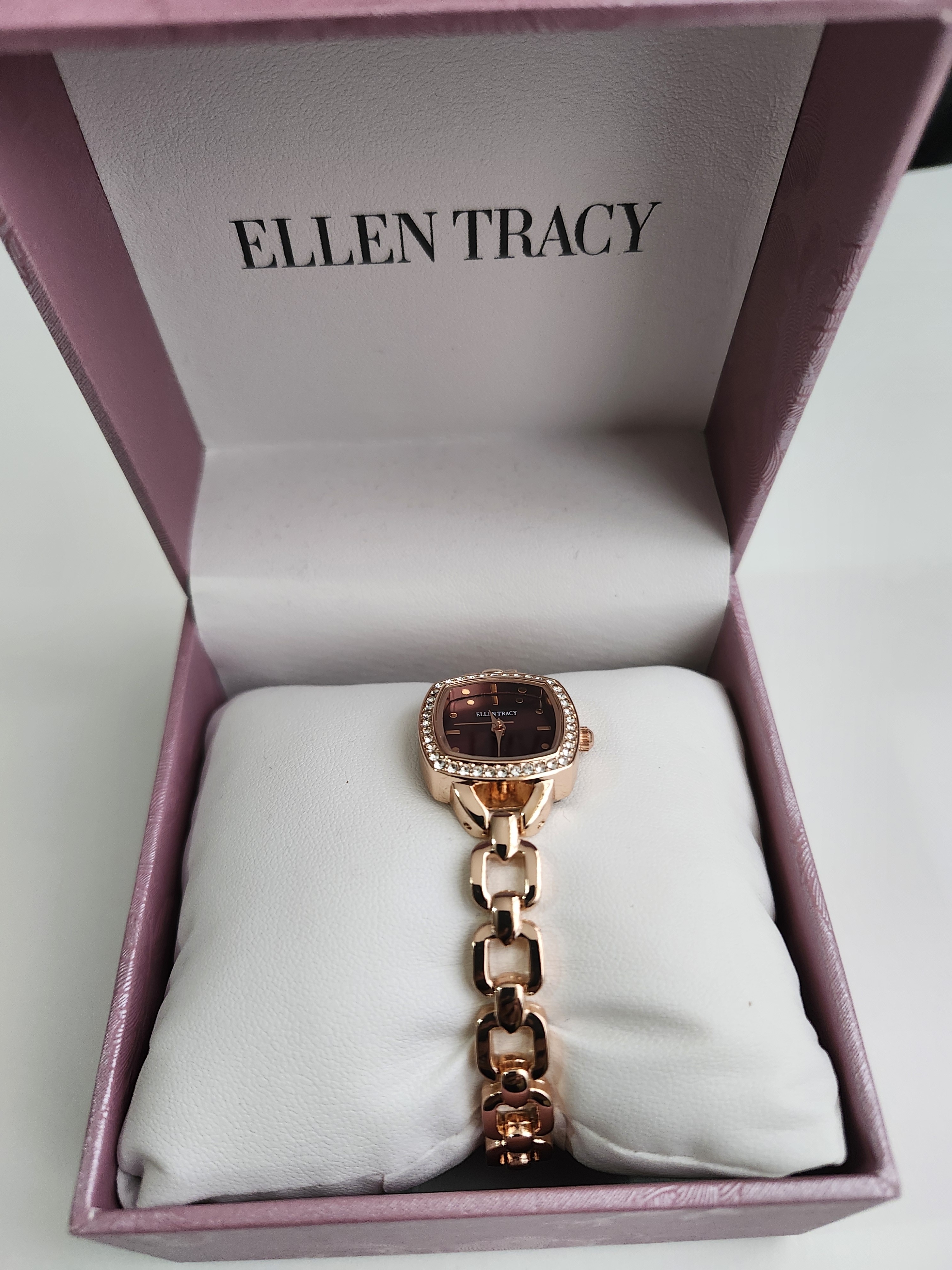 Ellen Tracy Rose Gold Bracelet Watch With Brown Dial And Crystal Bezel